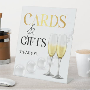 Elegant White Gold Pearls & Prosecco Bridal Shower Pedestal Sign