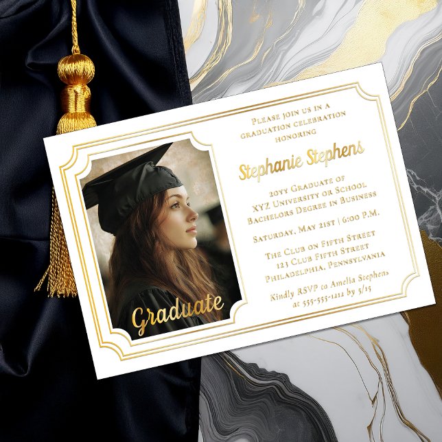 Elegant White & Gold Photo Graduation Party  (Elegant White and Gold Foil Graduation Party Invitation with Photo and Scalloped Frame)