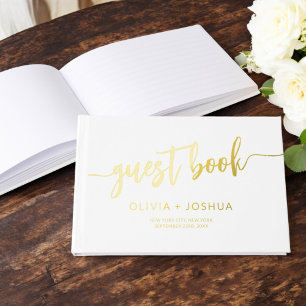 Elegant White Gold Photo Minimalist Script Guest Book