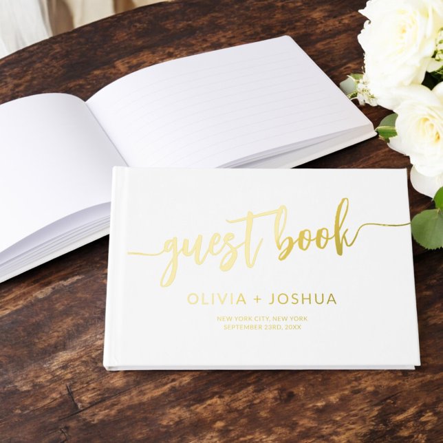 Elegant White Gold Photo Minimalist Script Guest Book (Creator Uploaded)