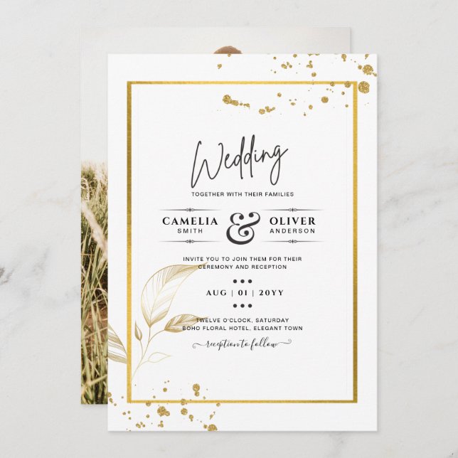 Elegant White & Gold Photo Wedding Invitation (Front/Back)