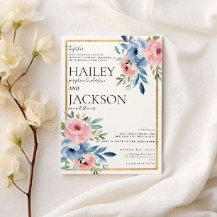 Elegant white gold pink blue floral wedding invitation