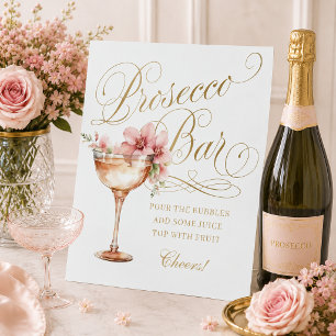 Elegant White Gold Pink Prosecco Bar Pedestal Sign