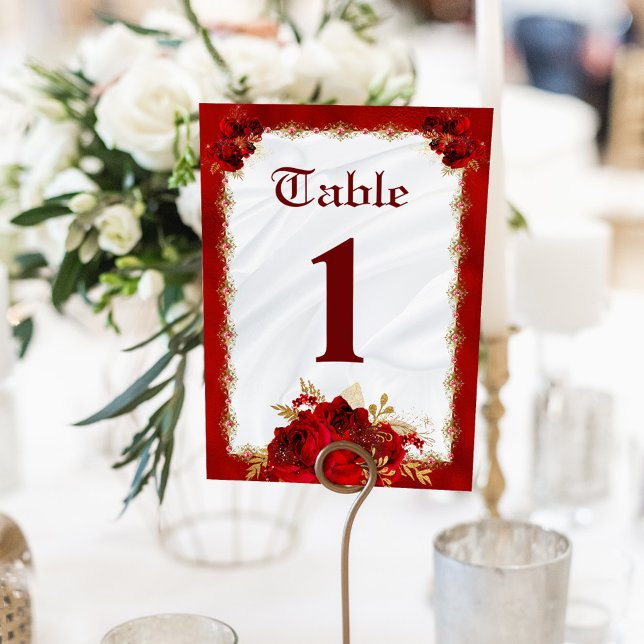 Elegant White Gold Red Roses Wedding Table Number (Creator Uploaded)
