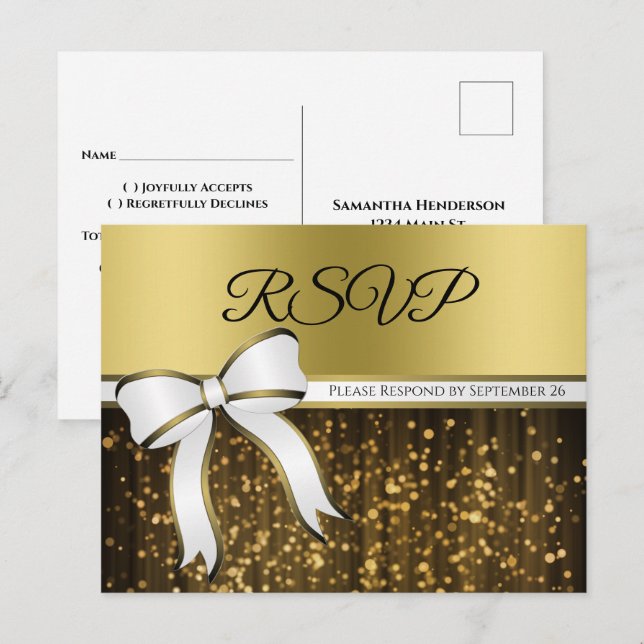 Elegant White & Gold Ribbon Glamourous Wedding RSV Postcard (Front/Back)