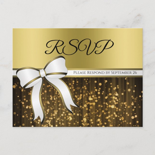 Elegant White & Gold Ribbon Glamourous Wedding RSV Postcard (Front)