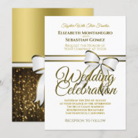 Elegant White & Gold Ribbon Wedding Invitation