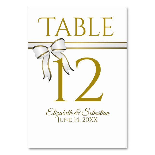 Elegant White & Gold Ribbon Wedding Table Number (Front)