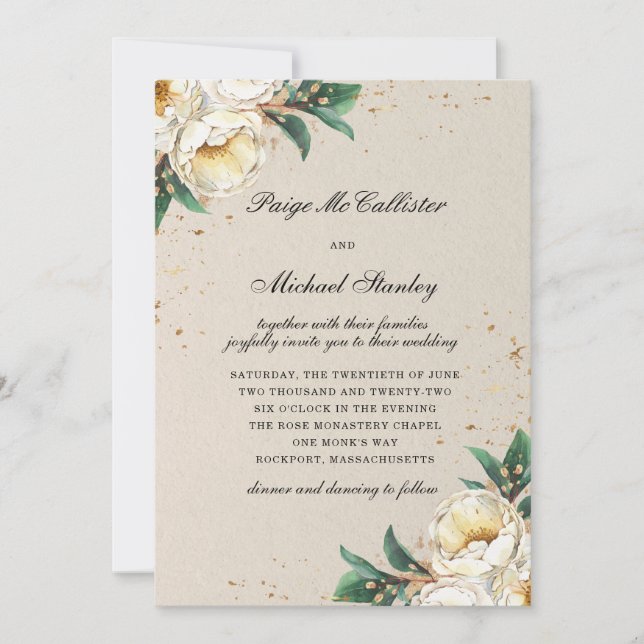 Elegant White Gold Rose Floral Wedding Invitation (Front)