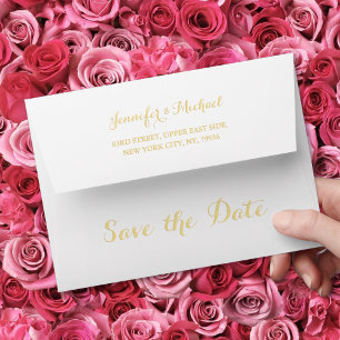 Elegant White Gold Save The Date Return Address Envelope
