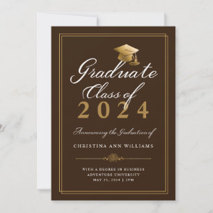Elegant White Gold Script Brown College Graduation Announcement