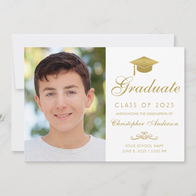 Elegant White Gold Script Cap Photo Graduation Announcement (Front)