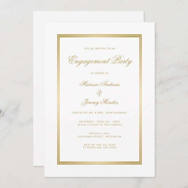 Elegant White Gold Script Engagement Party Invitation (Front/Back)