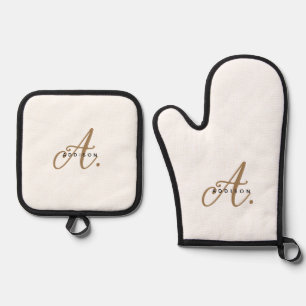 Elegant White Gold Script Monogram Oven Mitt & Pot Holder Set
