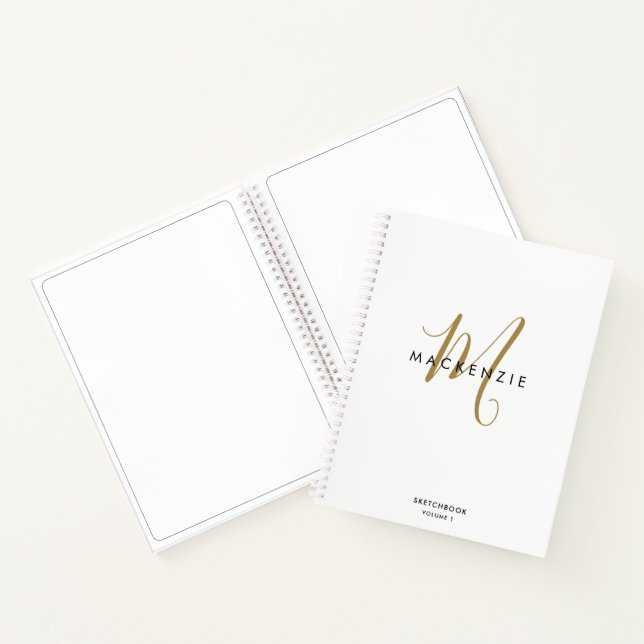 Elegant White Gold Script Monogram Sketchbook Notebook (Inside)