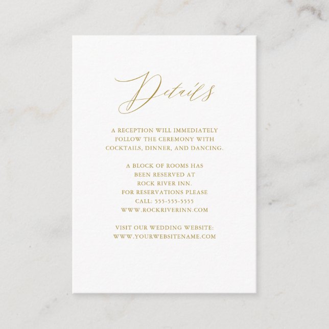 Elegant White Gold Script Wedding Details Enclosure Card (Front)