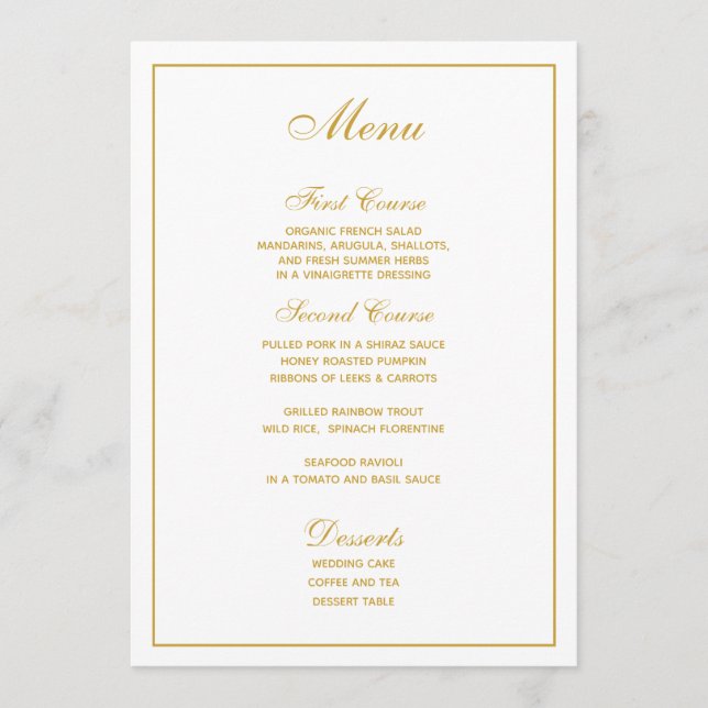 Elegant white Gold Script Wedding Menu (Front)