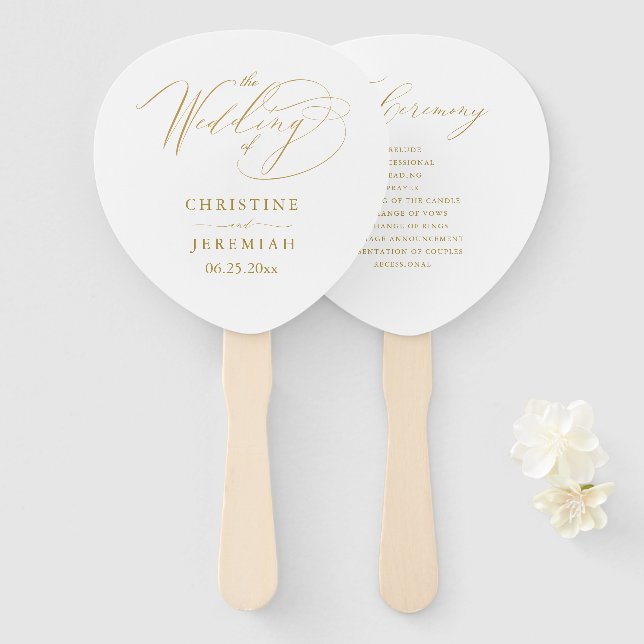 Elegant White Gold Script Wedding Program Hand Fan (Front and Back)