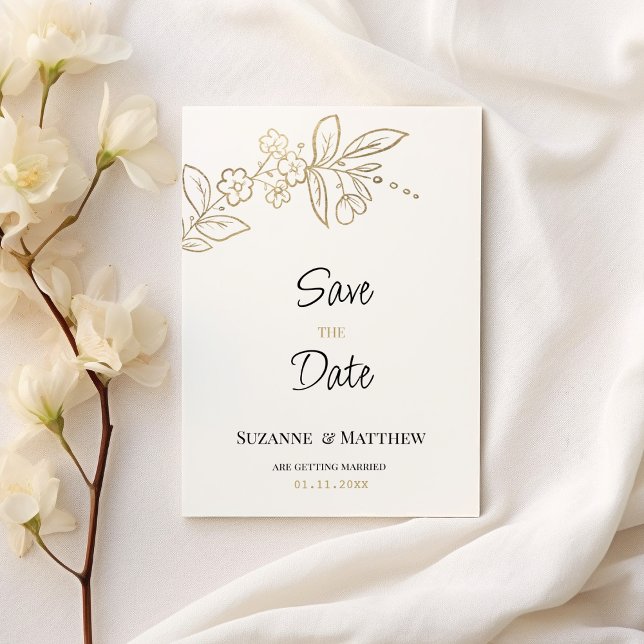 Elegant white gold simple floral Save the Date Invitation (Elegant white gold simple floral Save the Date)
