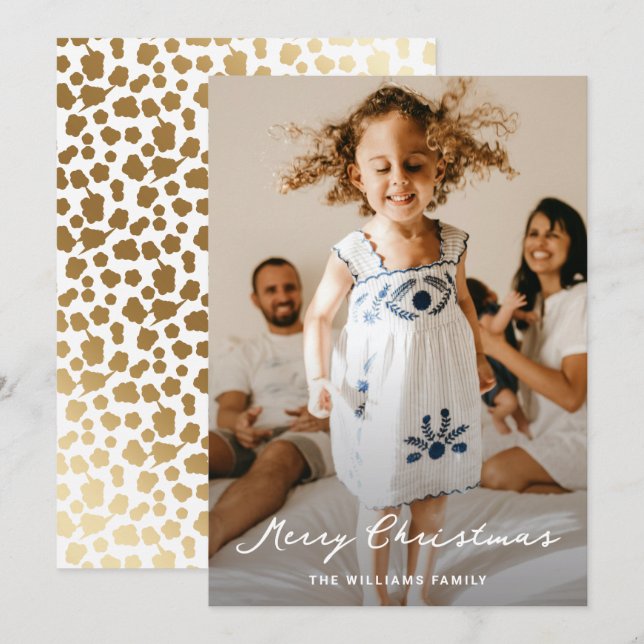 Elegant White Gold Stars Script Photo Christmas Holiday Card (Front/Back)