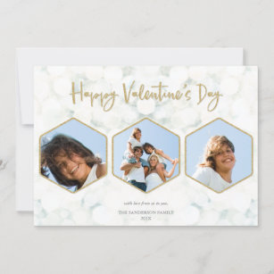 Elegant White + Gold Valentine's Day Triple Photo Holiday Card