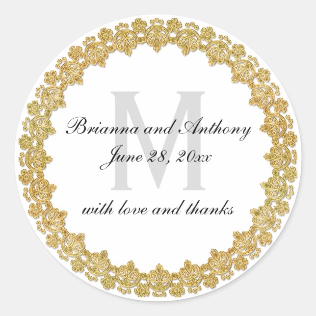 Elegant White & Gold Wedding Sticker with Monogram (Front)