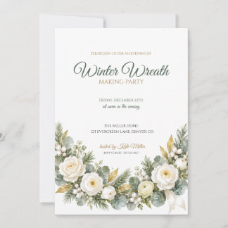 Elegant White Gold Winter Wreath Making Party Invi Invitation