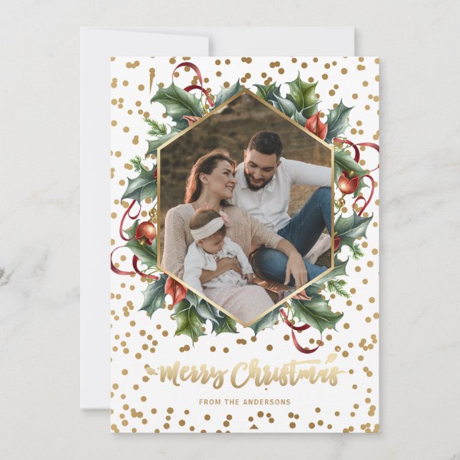 Elegant White Gold Wreath Photo Christmas Cards (Front)