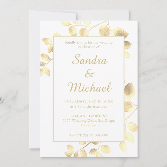 Elegant white golden leaves wedding invitation (Front)