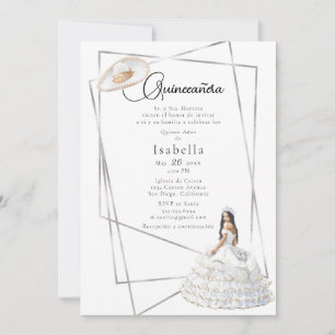 Elegant White Gown and Sombrero Quinceañera Invitation