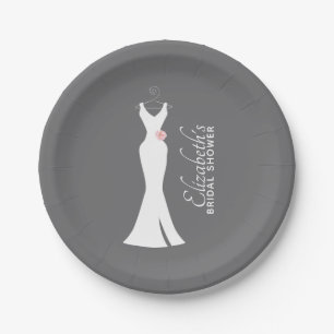 Elegant White Gown on Grey - Bridal Shower Paper Plate