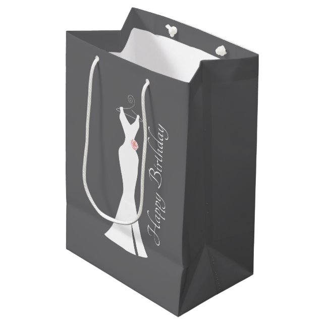Elegant White Gown on Grey - Stylish Birthday Medium Gift Bag (Front Angled)