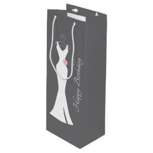 Elegant White Gown on Grey - Stylish Birthday Wine Gift Bag