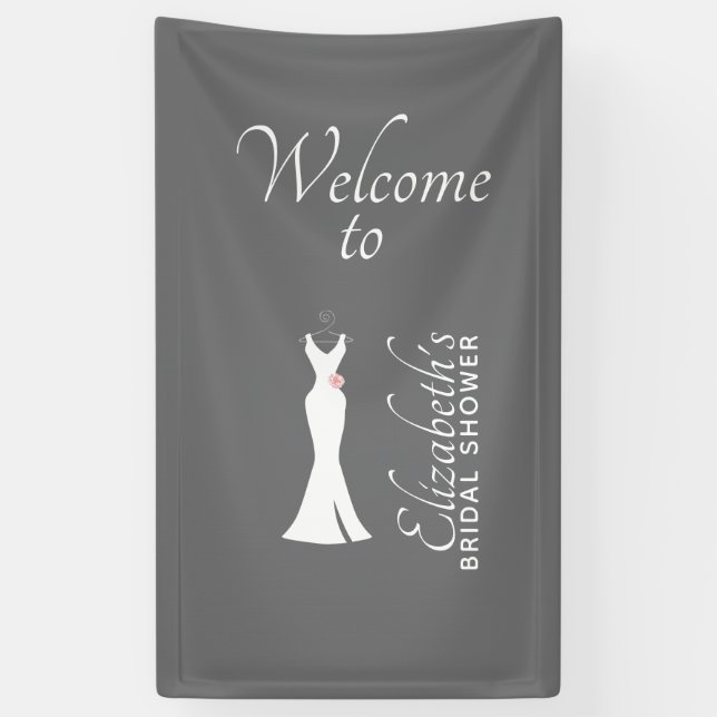 Elegant White Gown on Grey - Stylish Bridal Shower Banner (Vertical)