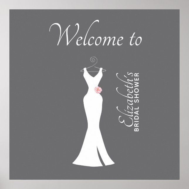 Elegant White Gown on Grey - Stylish Bridal Shower Poster (Front)
