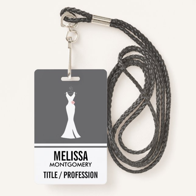 Elegant White Gown on Grey - Stylish Simple Desig ID Badge (Front with Lanyard)