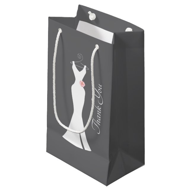 Elegant White Gown on Grey - Stylish Thank You Small Gift Bag (Front Angled)