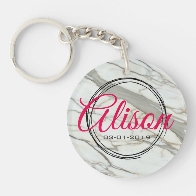 Elegant white granite custon name and birth date key ring (Front)