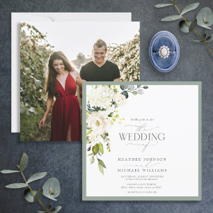 Elegant White Gray Green Floral Watercolor Photo Invitation