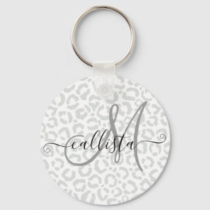 Elegant White Gray Leopard Cheetah Animal Print Key Ring