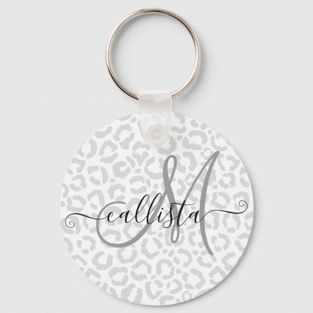 Elegant White Gray Leopard Cheetah Animal Print Key Ring (Front)
