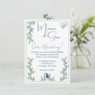Elegant White, Green, & Blue Floral Wedding Invitation