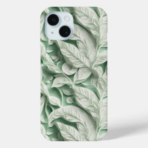 Elegant white green botanical leaf pattern iPhone 15 case