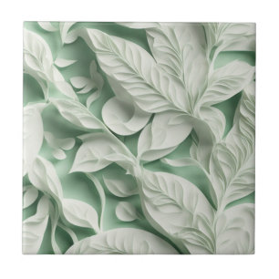 Elegant white green botanical leaf pattern ceramic tile