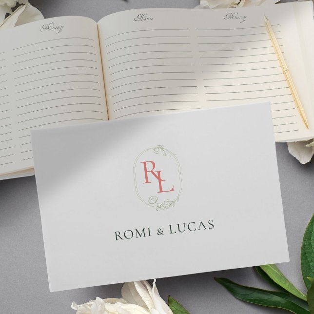 Elegant White Green Coral Pink Monogram Wedding Guest Book (Creator Uploaded)