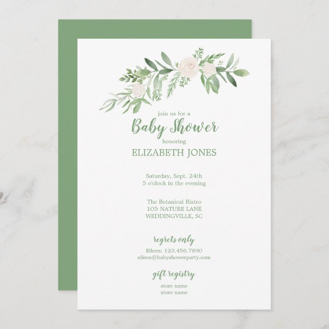 Elegant White & Green Floral Baby Shower Invitation (Front/Back)
