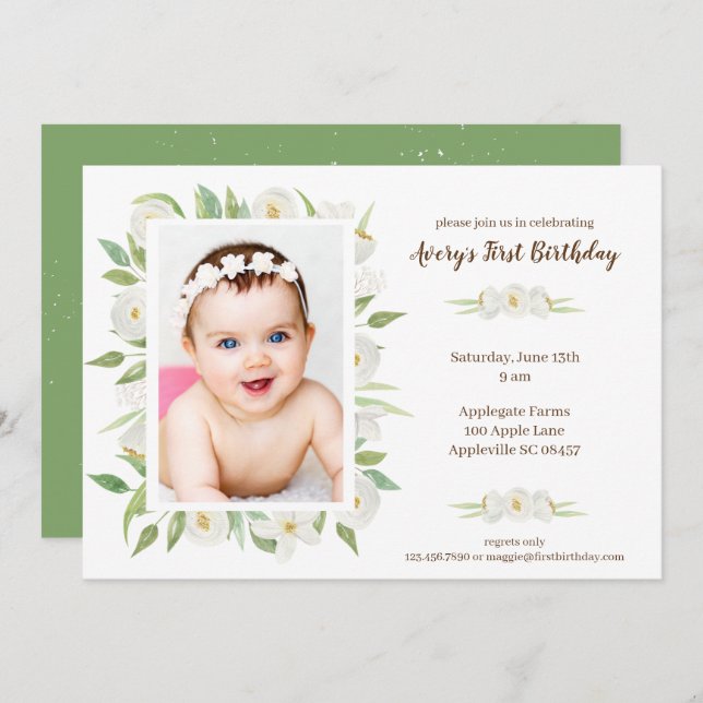 elegant White & Green Floral Baby's 1st Birthday Invitation (Front/Back)