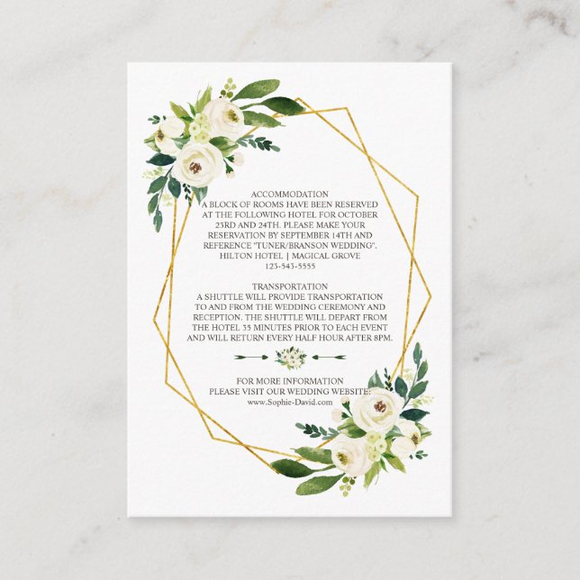 Elegant White Green Floral Gold Frame Details Enclosure Card (Front)