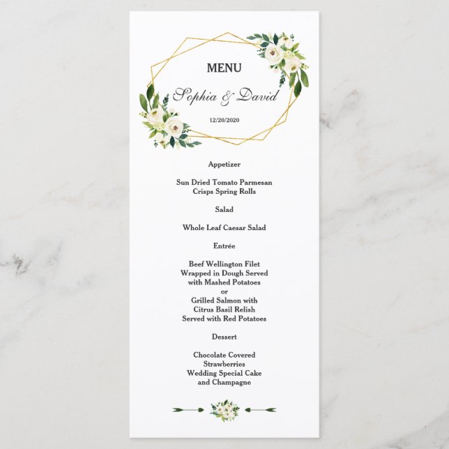 Elegant White Green Floral Gold Frame Wedding Menu (Front)