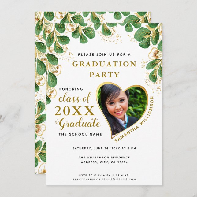 Elegant White Green Gold 2025 Photo Graduation Invitation (Front/Back)